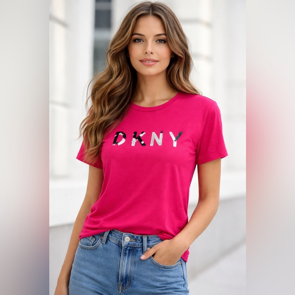 NWT DKNY Vibrant Pink Sequin Logo T-Shirt